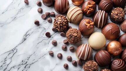 Sticker - luxurious chocolate truffles on a marble surface, perfect for showcasing world chocolate day, with room for text in the design