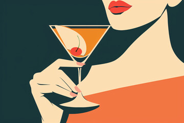 stylish woman with an updo hairstyle, red lips, and a hairpin, sipping a martini in a vibrant, artis