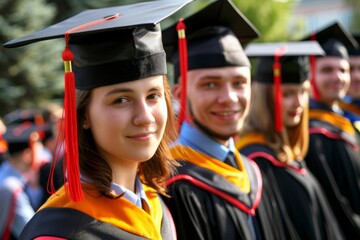 Wall Mural - couple of caucasian graduate students in crowd at college, university  or high school graduation, wearing  mortarboards caps and gowns, smiling and being happy