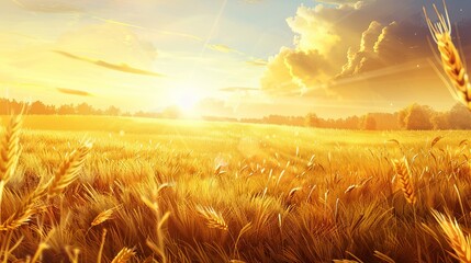 Poster - A vast wheat field glowing golden under the setting suns warm light. Generative AI