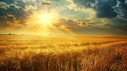 Poster - A golden wheat field is illuminated by the setting sun, creating a warm and vibrant scene of natural beauty. Generative AI