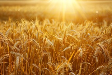 Poster - Ripe golden wheat sways in a sunlit field during sunset, showcasing the beauty of natures bounty. Generative AI