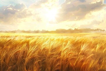 Poster - A golden wheat field glows as the sun shines from behind, casting a warm hue over the crops. Generative AI