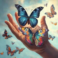 Wall Mural - AI generated illustration of a butterfly flying from hand with more butterflies