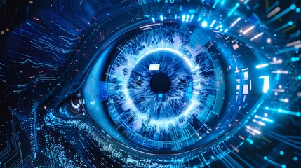A concept background featuring a blue eye integrated with cybernetic circuits, symbolizing advanced future technology. This artistic depiction combines the themes of surveillance, data analysis