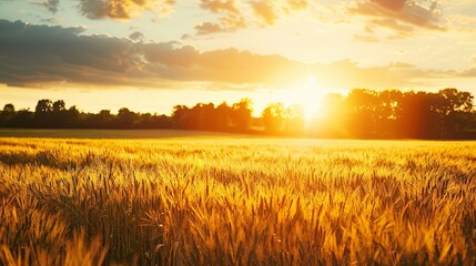 Aufkleber - The sun is setting over a vast wheat field, casting a warm golden glow on the crops. Generative AI