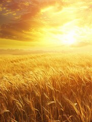 Aufkleber - A golden wheat field illuminated by the setting sun, creating a warm and vibrant atmosphere. Generative AI