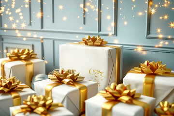 Wall Mural - White gift boxes with golden bows in interior.