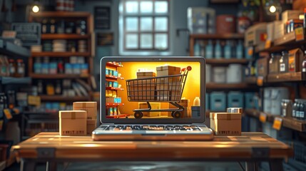 Boxes in a shopping car on a laptop keyboard. Ideas about online shopping, online shopping is a form of electronic commerce that allows consumers to directly buy goods from seller over the internet.