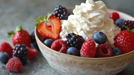 Canvas Print - summer dessert, enjoy a summer delight with fresh berries and whipped cream topping off the pudding, providing bursts of color and flavor