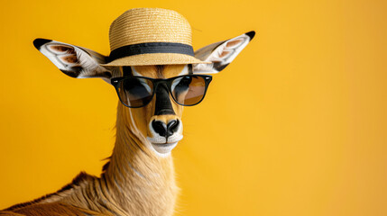 Antelope with sunglasses and hat, orange background, safari travel ads, text space