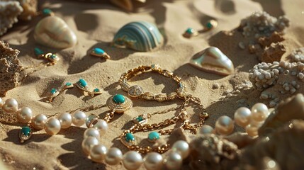 In this artistic landscape, a necklace lies on a circle of sand, adorned with seashells and pearls. The wind creates aeolian landforms, adding a fun touch to the scene AIG50