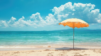 A vibrant beach umbrella provides shade on the sandy shore overlooking the sparkling ocean, with people enjoying the coastal natural landscape under a clear sky AIG50