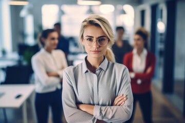 Wall Mural - Beautiful confident business leader with crossed arms standing in the office and looking at camera. Intelligent businesswoman standing in the office with her arms crossed and looking at camera. 