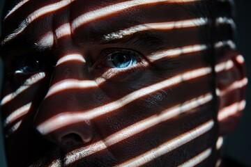 Poster - An artistic shot of a man with his face partially visible, obscured by dramatic shadow stripes