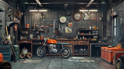 3D illustration of a fully equipped garage workshop with motorcycle.

