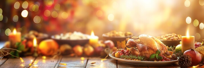 Wall Mural - A festive holiday table setting with a roasted turkey and various dishes, glowing in warm light