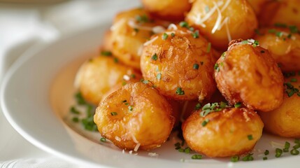 Poster - The spotlight shines on the potato donuts adorned with a savory cheese topping creating a picturesque scene against the crisp white table