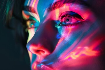 Poster - Radiant neon lights cast colorful reflections on a woman's face, showcasing artistic night lighting