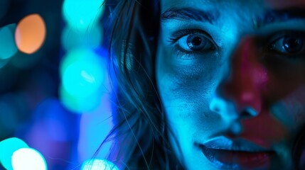 Poster - Close-up view of fine hair strands against a defocused blue and green bokeh light background