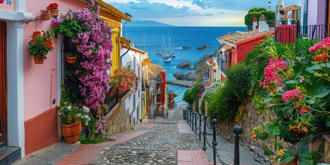 Wall Mural - Seaside town in Spain with flowers, fences and ocean in the background