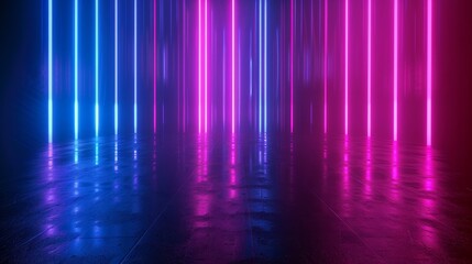 Wall Mural - Animation of vertical neon lines in blue and magenta glowing on a reflective floor.

