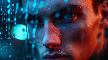 Poster - Striking abstract image depicting blue and red liquids intertwining with a blurring effect, creating a colorful and dynamic composition