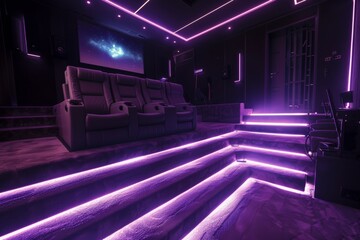 Poster - An image of a trendy, modern home theater with vibrant purple neon lighting and a galactic-themed screen saver