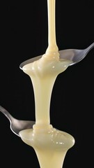 Wall Mural - White sweet condensed milk sauce flowing from metal spoon on black background. Food close up, slow motion, vertical video 4K