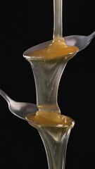 Wall Mural - Honey flowing from metal spoon on black background. Food close up, slow motion, vertical video 4K
