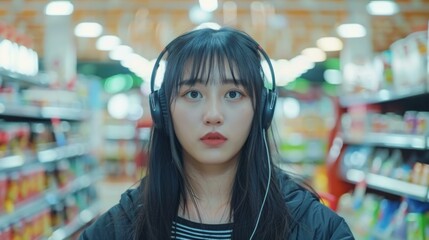 Poster - A woman wearing headphones in a store. AI.