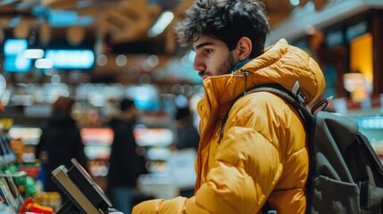 Canvas Print - A man in a yellow jacket with backpack looking at something on his laptop. AI.