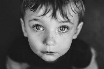 Canvas Print - A black and white photo of a young boy looking up. AI.