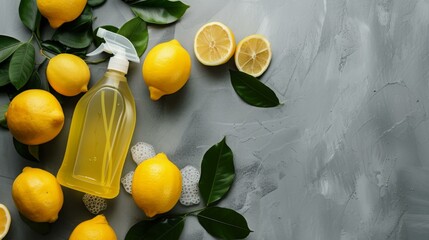 Wall Mural - A bottle of lemon cleaner surrounded by lemons and leaves. AI.