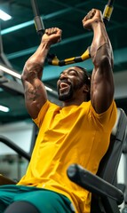 Sticker - A man in a gym smiling while holding onto an exercise machine. AI.