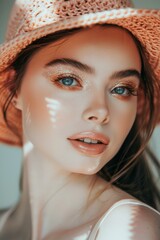 Poster - A close up of a woman wearing an orange hat and makeup. AI.