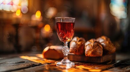 Wall Mural - During the solemn ritual of Holy Communion in the church a wooden table is adorned with the sacred elements a glass chalice filled with red wine and bread This symbolic act is a crucial part