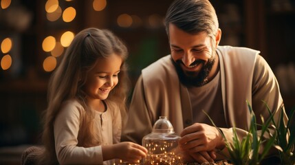 Wall Mural - Father and Daughter Enjoying Magical Moment with Fairy Lights at Home