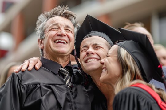 emotional moment of female graduate student with her father or grandfather at graduation ceremony, candid heartwarming moment