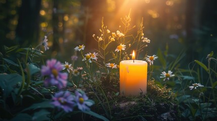 Sticker - Immerse yourself in the enchanting ritual of lighting a magical candle amidst a forest adorned with flowers as the backdrop This practice embodies meditation relaxation and the spiritual es