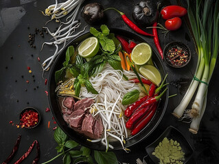 Wall Mural - pho bowl filled with an assortment of ingredients