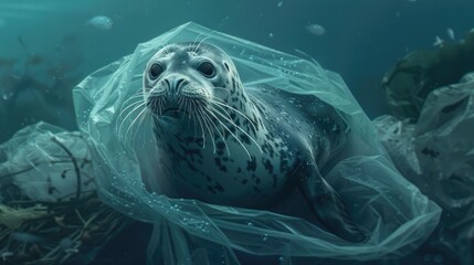 Poster - The image of a seal entangled in a plastic bag vividly illustrates the concept of ocean pollution