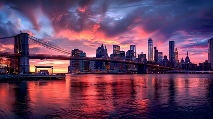 Wall Mural - Stunning Cityscape at Dusk, Iconic Bridge Silhouette, Vivid Sunset Sky Reflects in Water. Urban Beauty Captured. Perfect for Travel and Postcards. AI