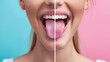 © Mehran - Woman showing her tongue before and after cleaning it. On one side, her tongue is covered with a white layer, and on the other side, it's pink and healthy.