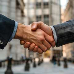 Capture the excitement of sealing a deal from a unique side view perspective Show two hands firmly shaking against a sleek background, symbolizing trust and partnership