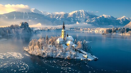 Wall Mural - Breathtaking winter landscape of a serene lake with fog. Picturesque church on an island among snow-capped mountains. Idyllic nature scene, AI