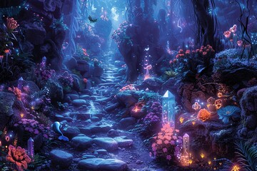 Wall Mural - Surreal Glowing Wonderland: Enchanting Mermaids, Flowers, Crystals, and Forest Ambiance. SubElement