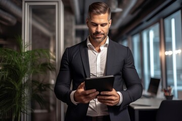 confident businessman holding digital tablet in office