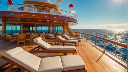 Empty sun loungers on the deck of a luxury cruise ship vacation