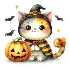 Wall Mural - halloween cat with pumpkin